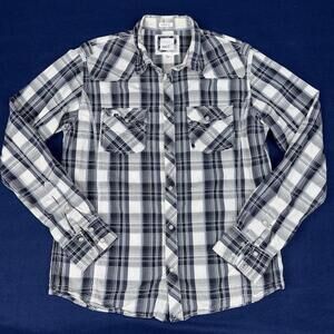 BKE Pearl Snap Shirt Mens M White Blue Plaid Western Cut Cowboy Flap Pockets